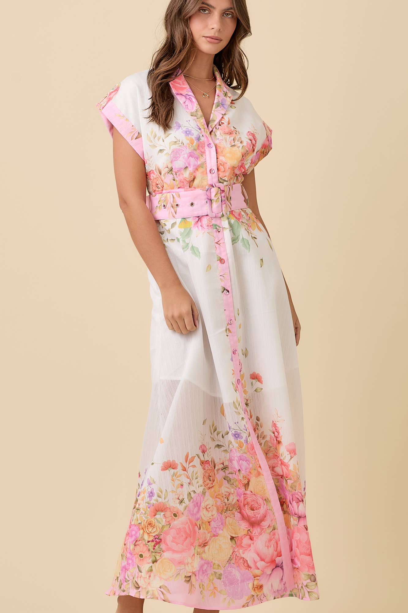 Phoebe - Floral Print Lapel Collar Button Down Maxi Dress