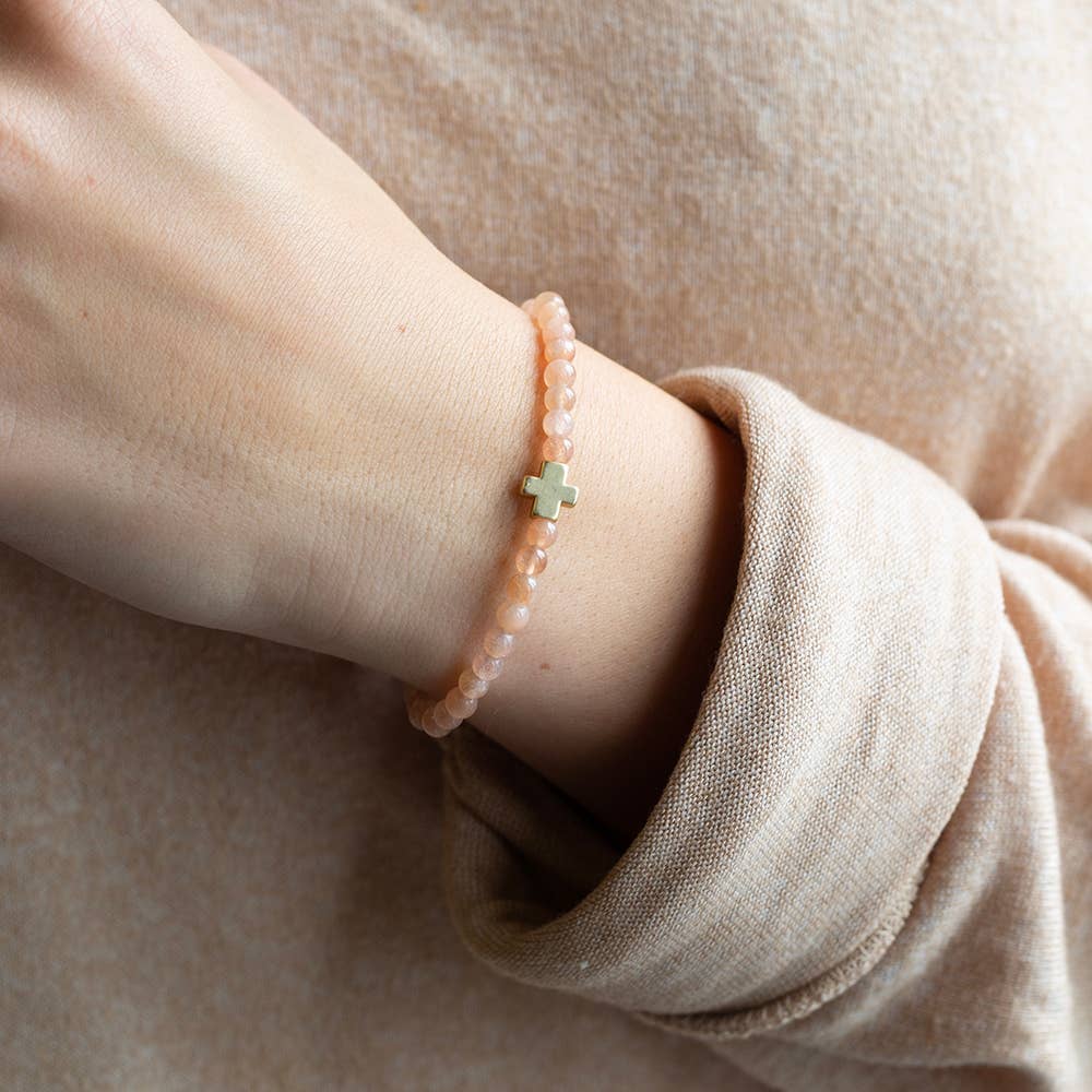 Faith Over Fear Cross Bracelet, 4mm-Sunstone | Christian