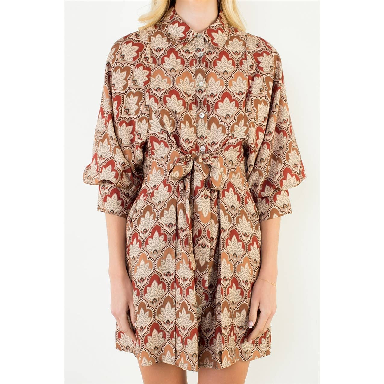 Alina - Long Sleeve Pattern Button Down Dress
