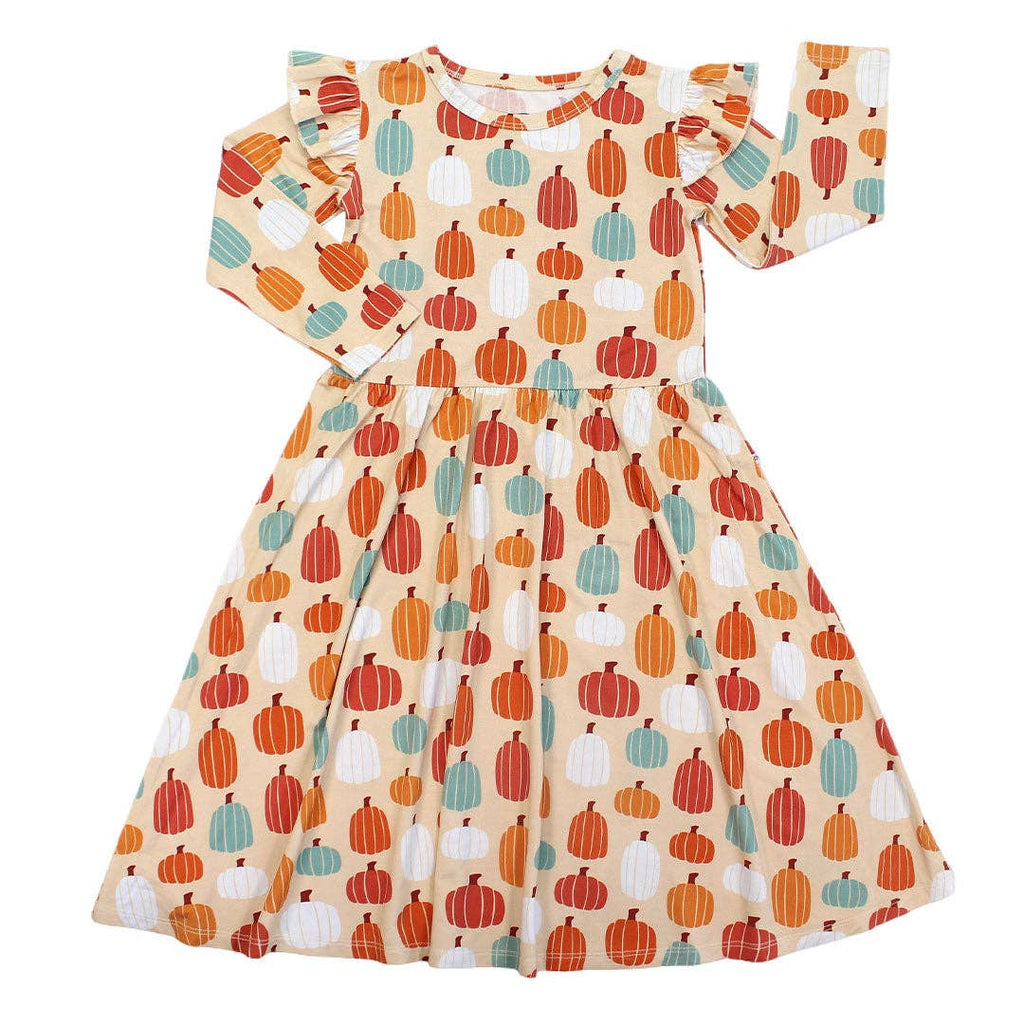 Pumpkin Patch Fall Kids Ruffle Long Sleeve Twirl Dress