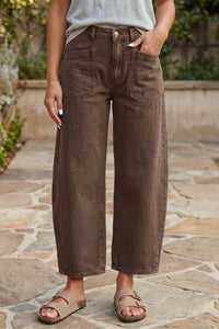 Miranda - Coffee Solid Color Square Patch Pocket Ankle-length Barrel Jeans