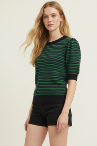 Luna - Contrast Scalloped Navy and Green Striped Knit Top