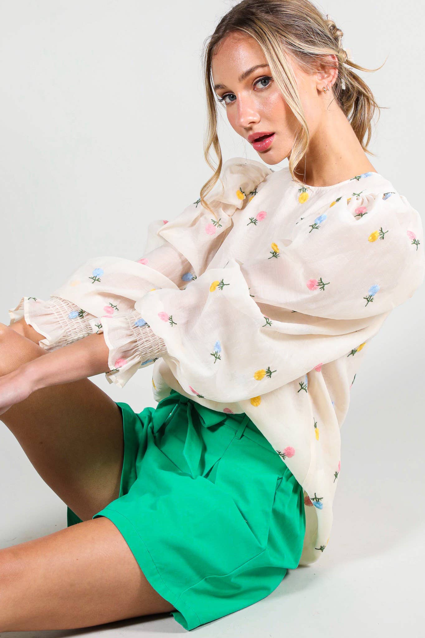 Madison - Floral Embroidered Long Puff Organza Blouse Top