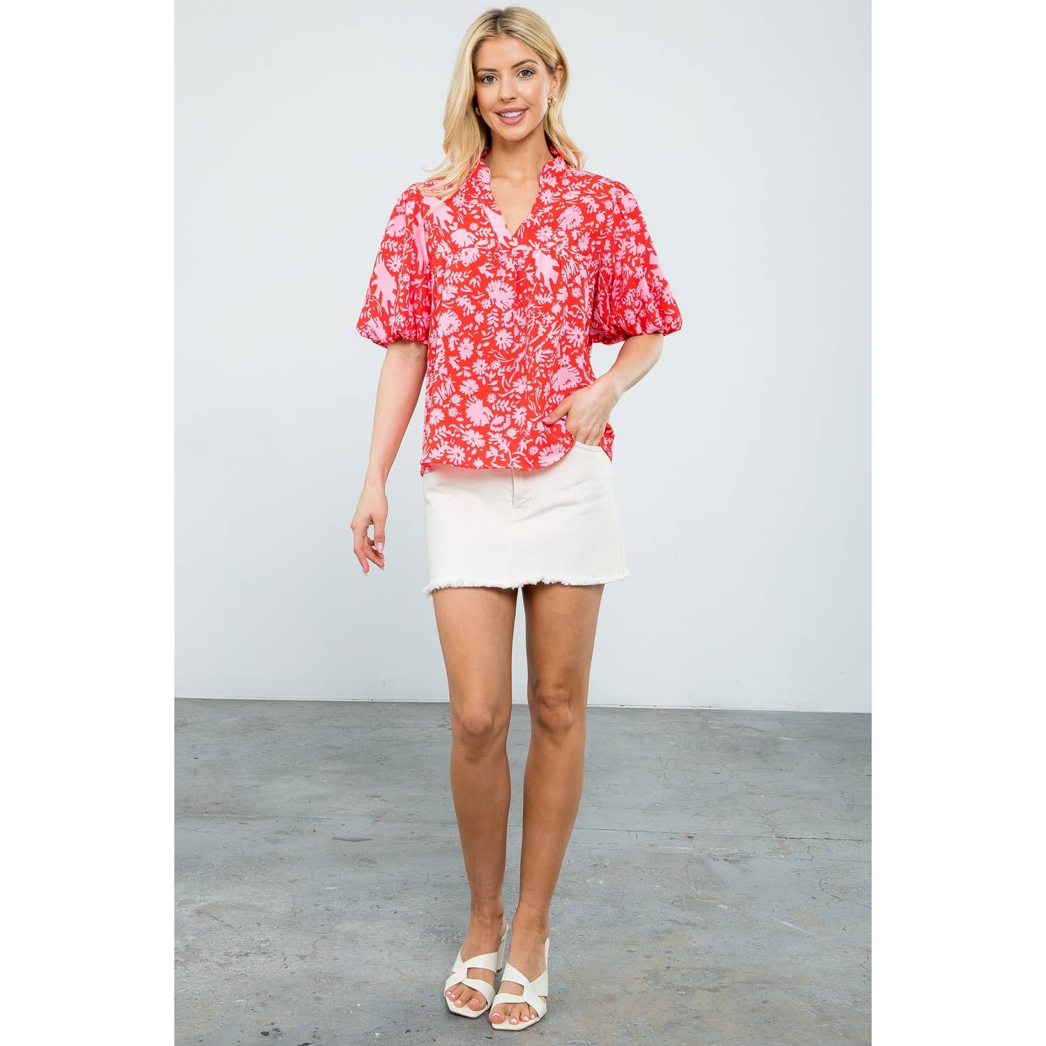 Angela - Puff Sleeve Flower Print Top