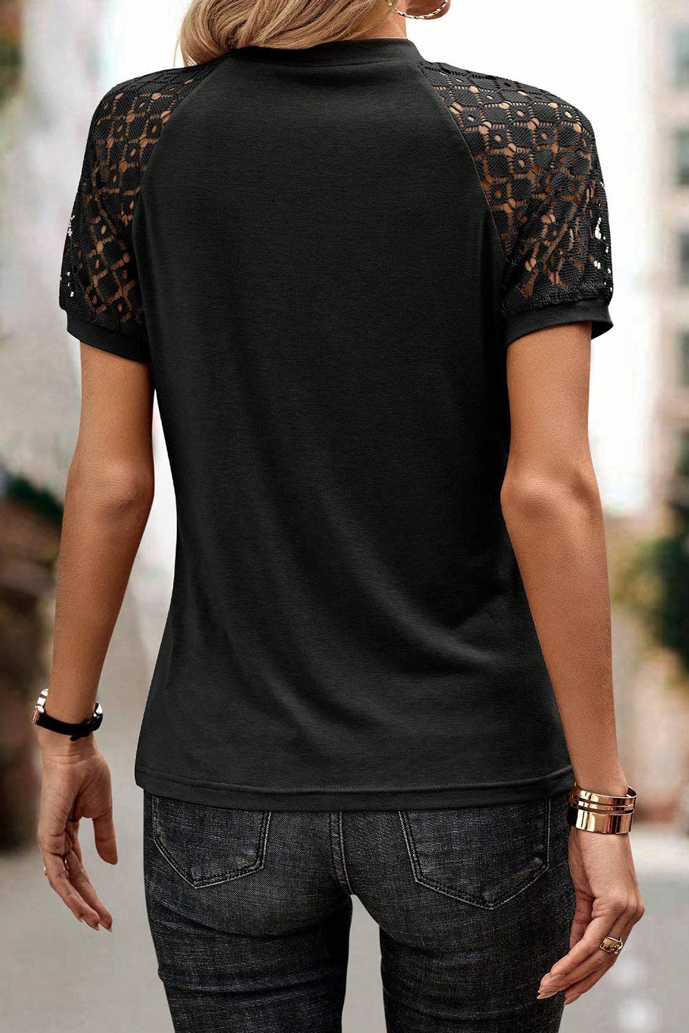 Camiseta de encaje plisada con manga raglán: Negro / XL