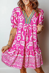 Jellie - Pink Boho Embroidered V-Neck Short Sleeve Flared Mini Dress