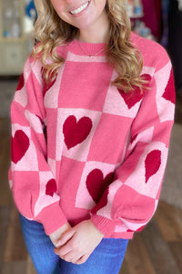 Mae An - Pink & Heart Checkered Valentine Crew Neck Sweater