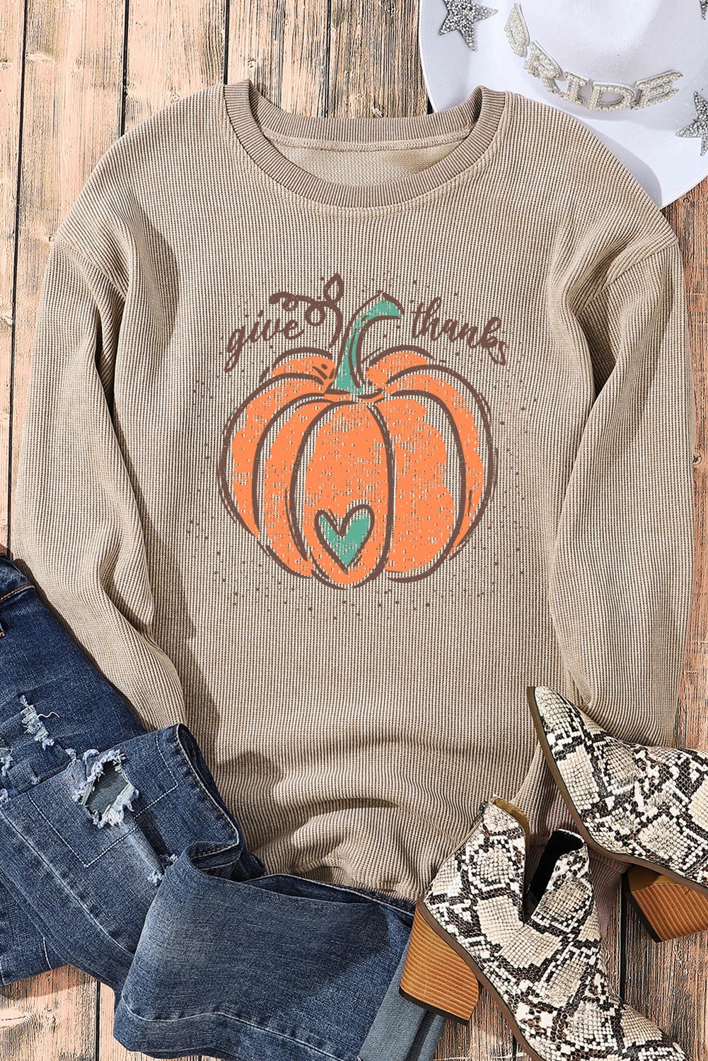 Janelle - Khaki Give Thanks Pumpkin Sweatshirt
