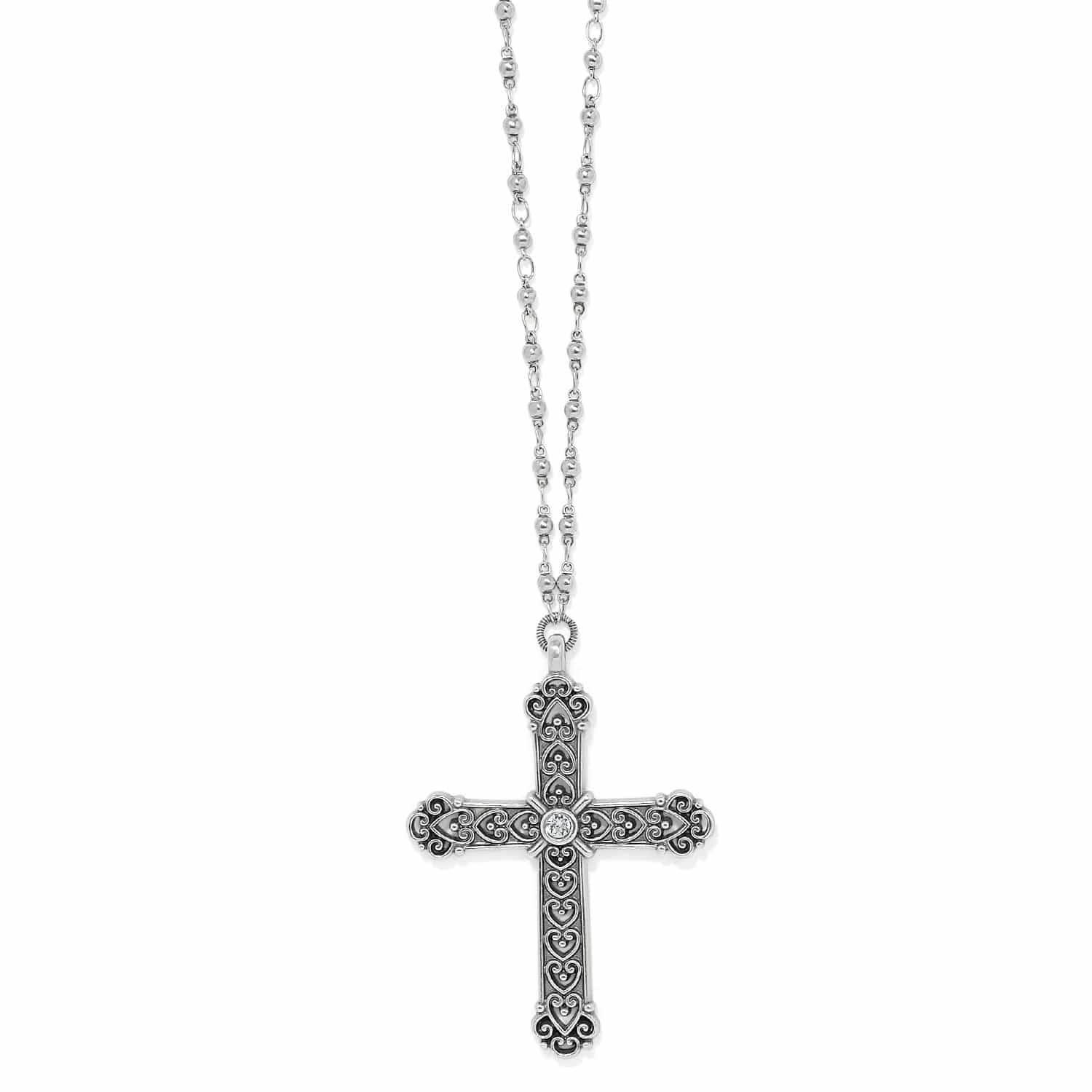 Byzantium Cross Necklace silver-plated ornate cross with beaded chain
