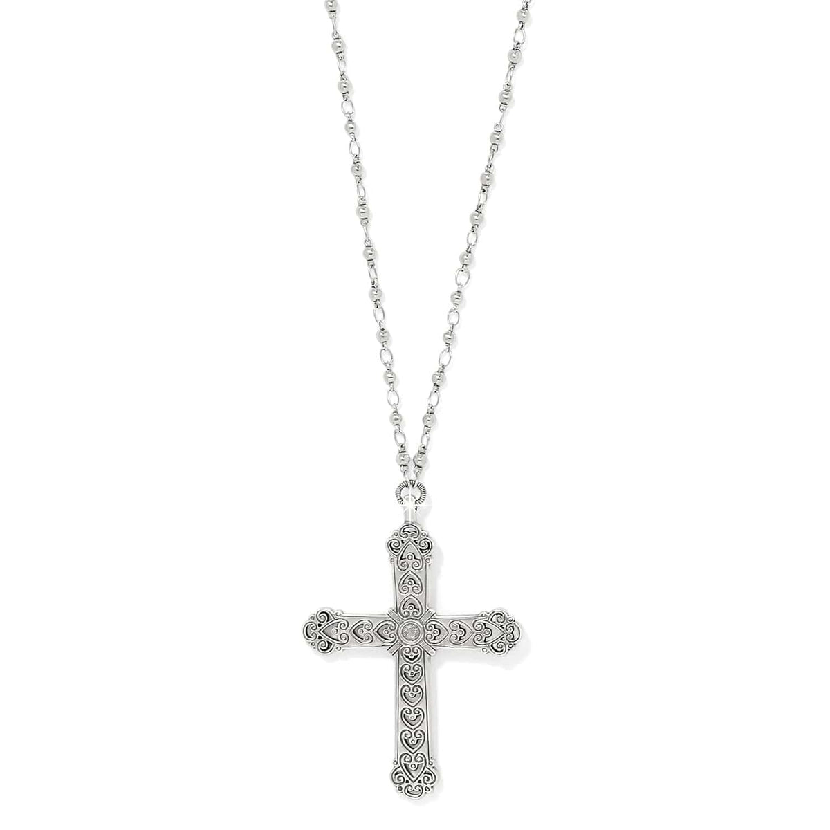 Byzantium Cross Necklace ornate silver-plated cross with scroll and heart engravings