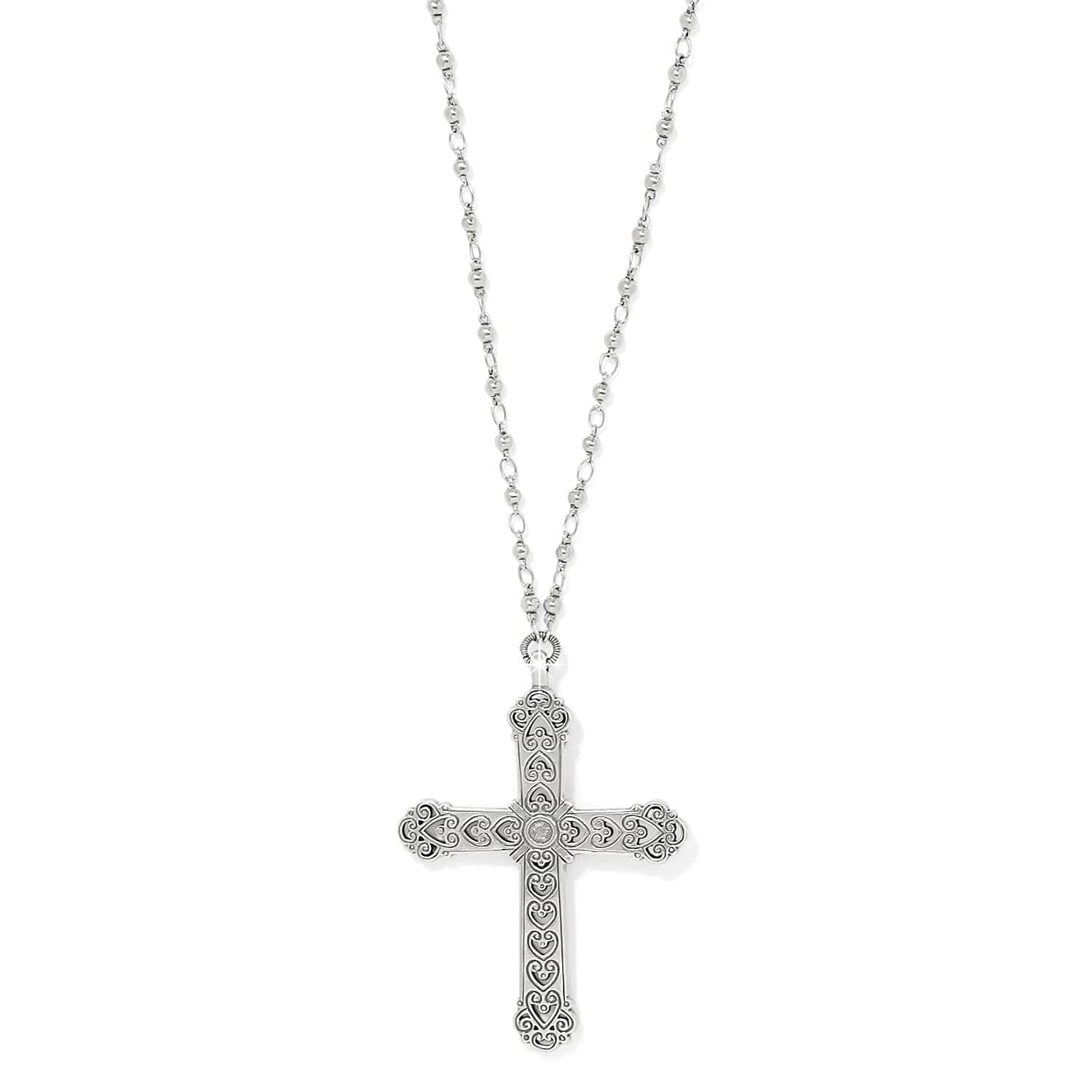 Byzantium Cross Necklace ornate silver-plated cross with scroll and heart engravings