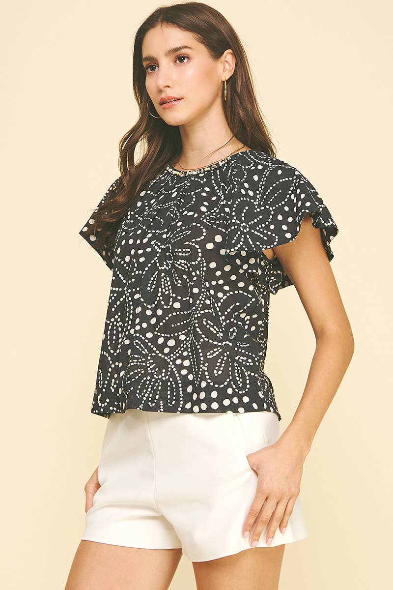 NEESA- FLORAL RUFFLED BLOUSE TOP WITH SEASHELL DETAIL