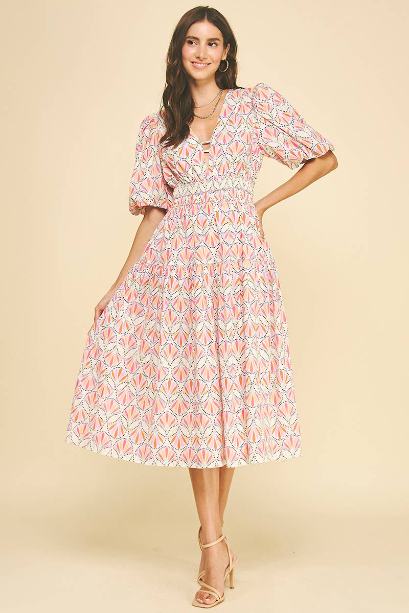 KASLYN- GEOMETRIC PATTERN MIDI DRESS