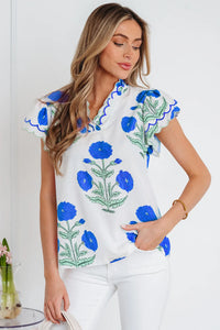 Marissa - Blue Wild Flower Print Short Sleeve Blouse