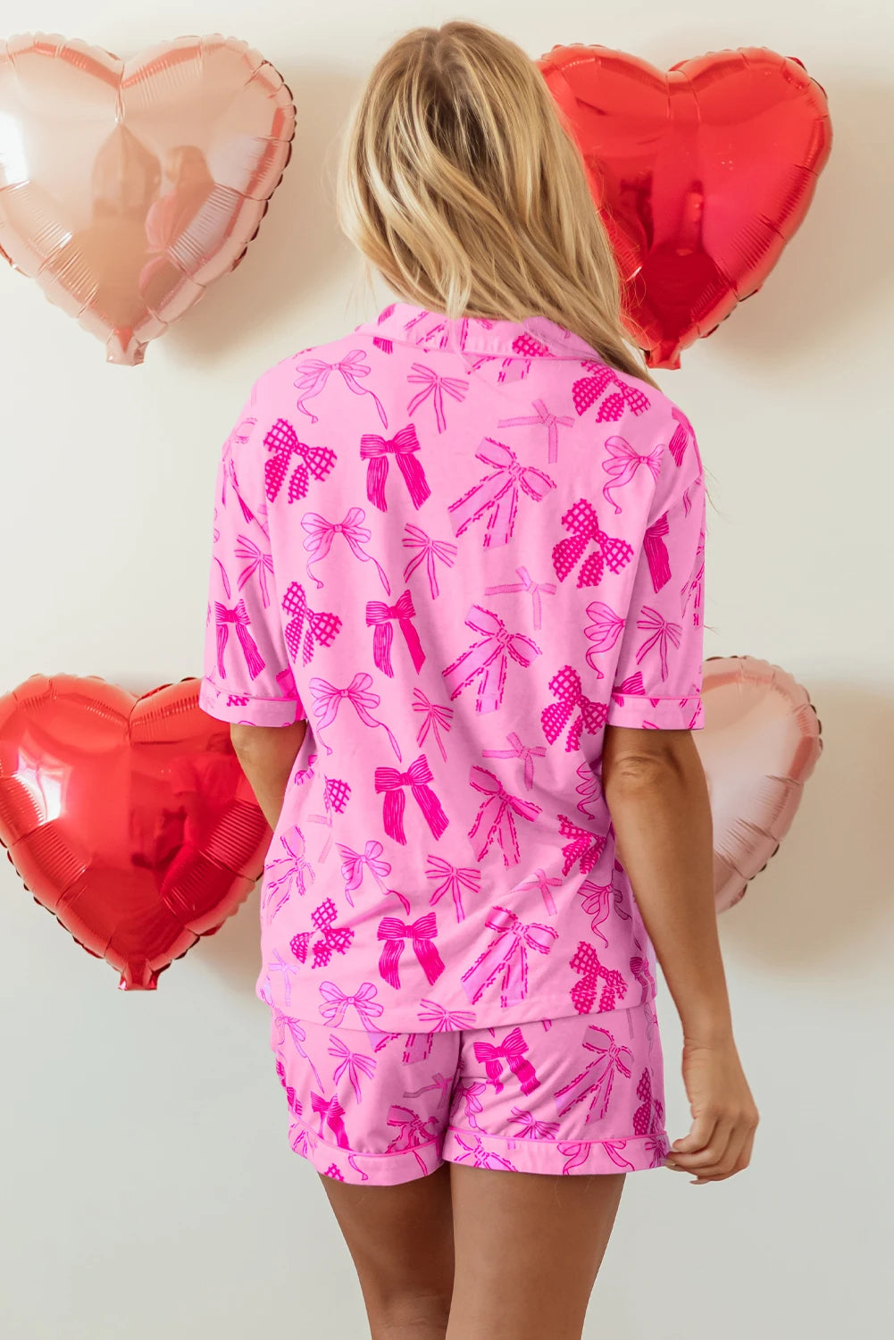 Penelope-Pink Bow Print Half Sleeve Shirt and Shorts Pajamas Set