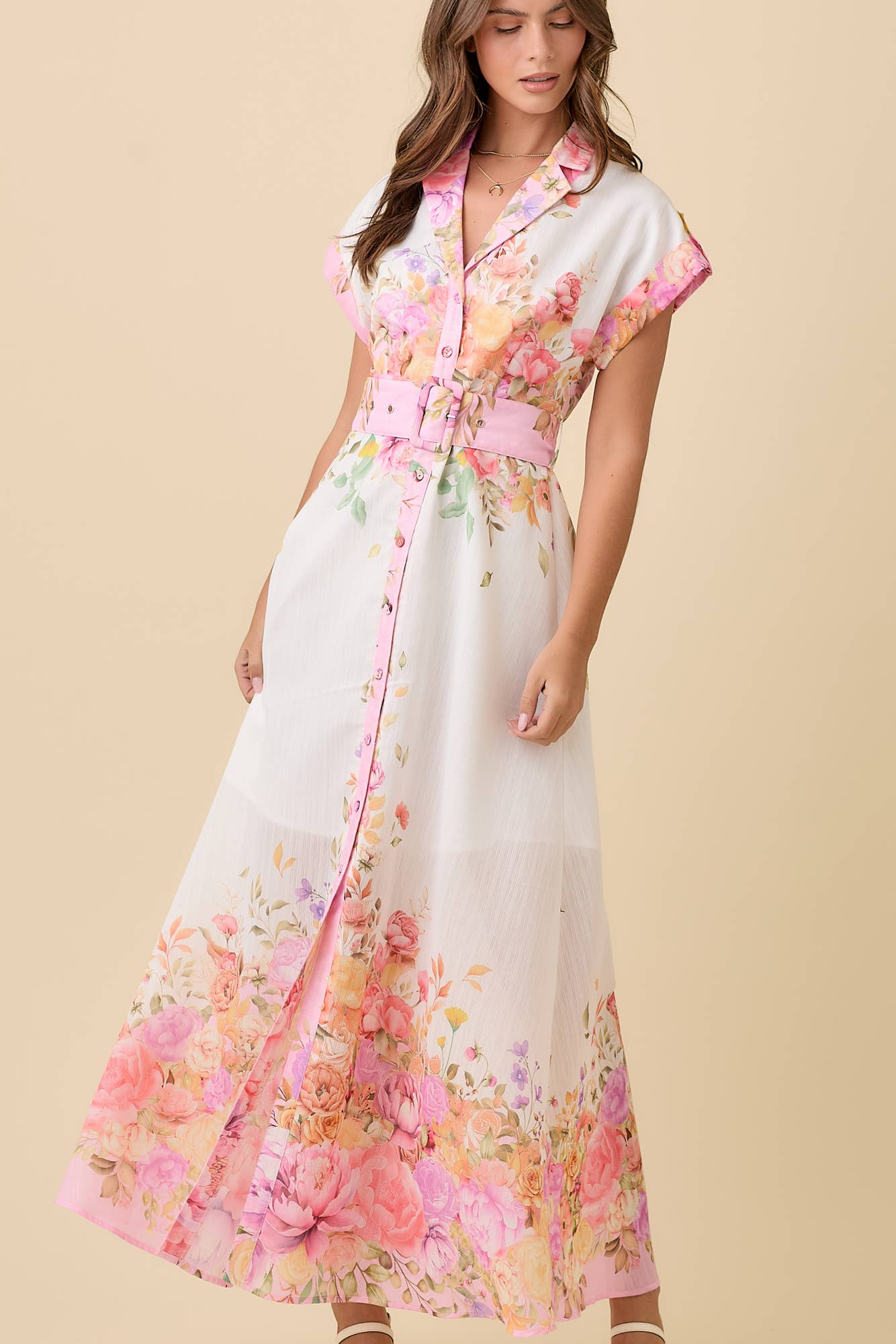Phoebe - Floral Print Lapel Collar Button Down Maxi Dress