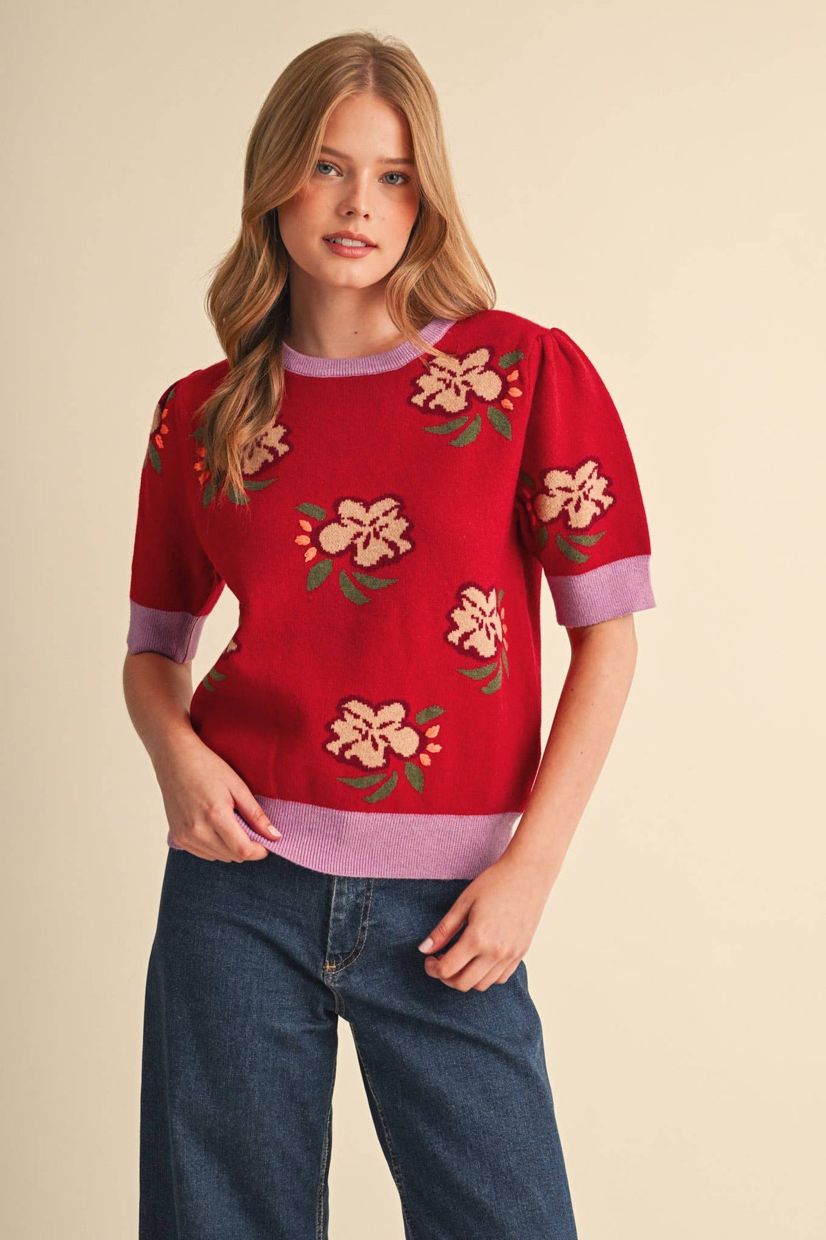 SAVANNA - FLORAL KNIT SHORT SLEEVE SWEATER