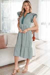 Yessica - Green Stripe Double Ruffled Short Sleeve Midi Dress