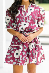 Ronan - Red Floral Print Trimmed Short Puff Sleeve Mini Dress with Tie