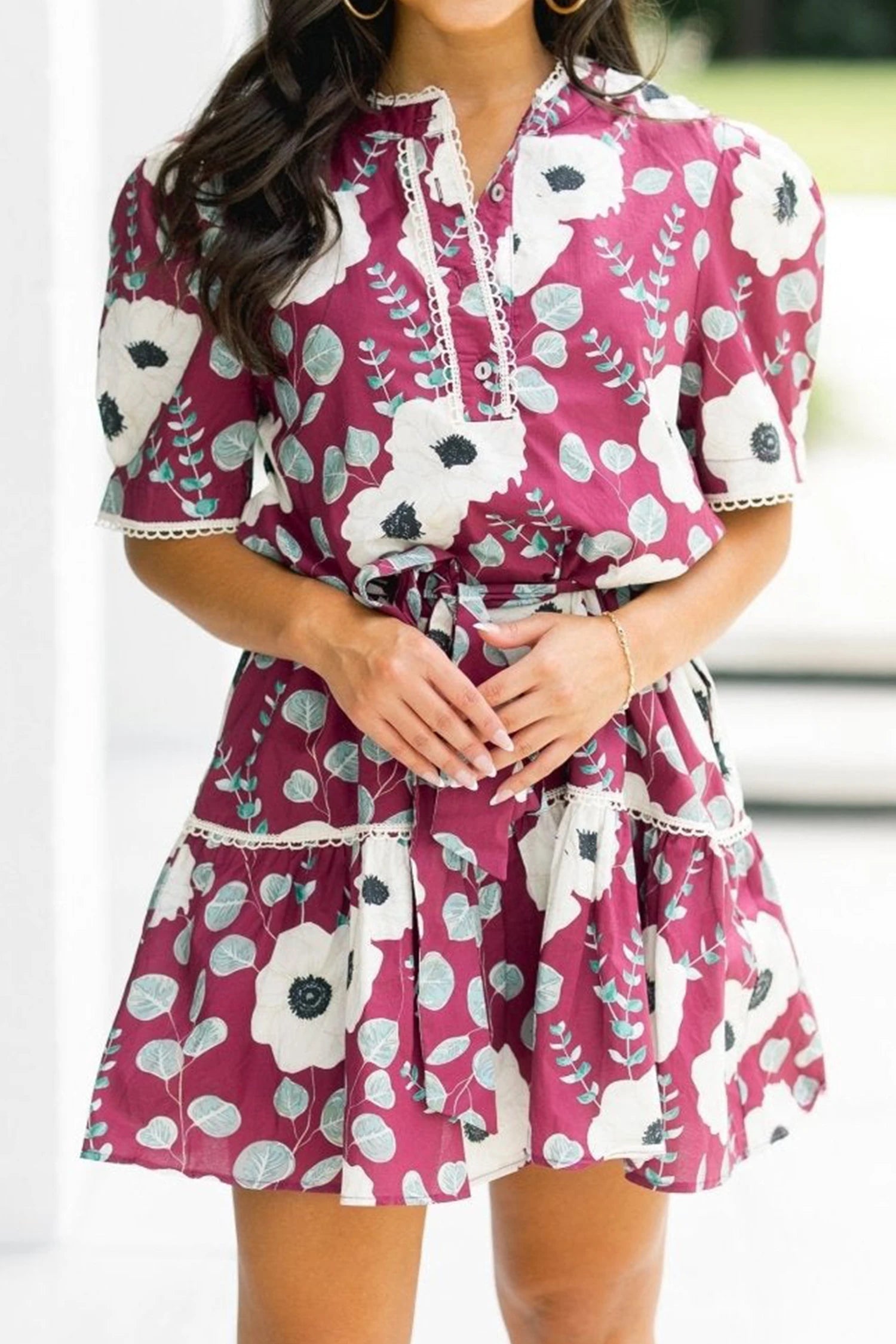 Ronan - Red Floral Print Trimmed Short Puff Sleeve Mini Dress with Tie
