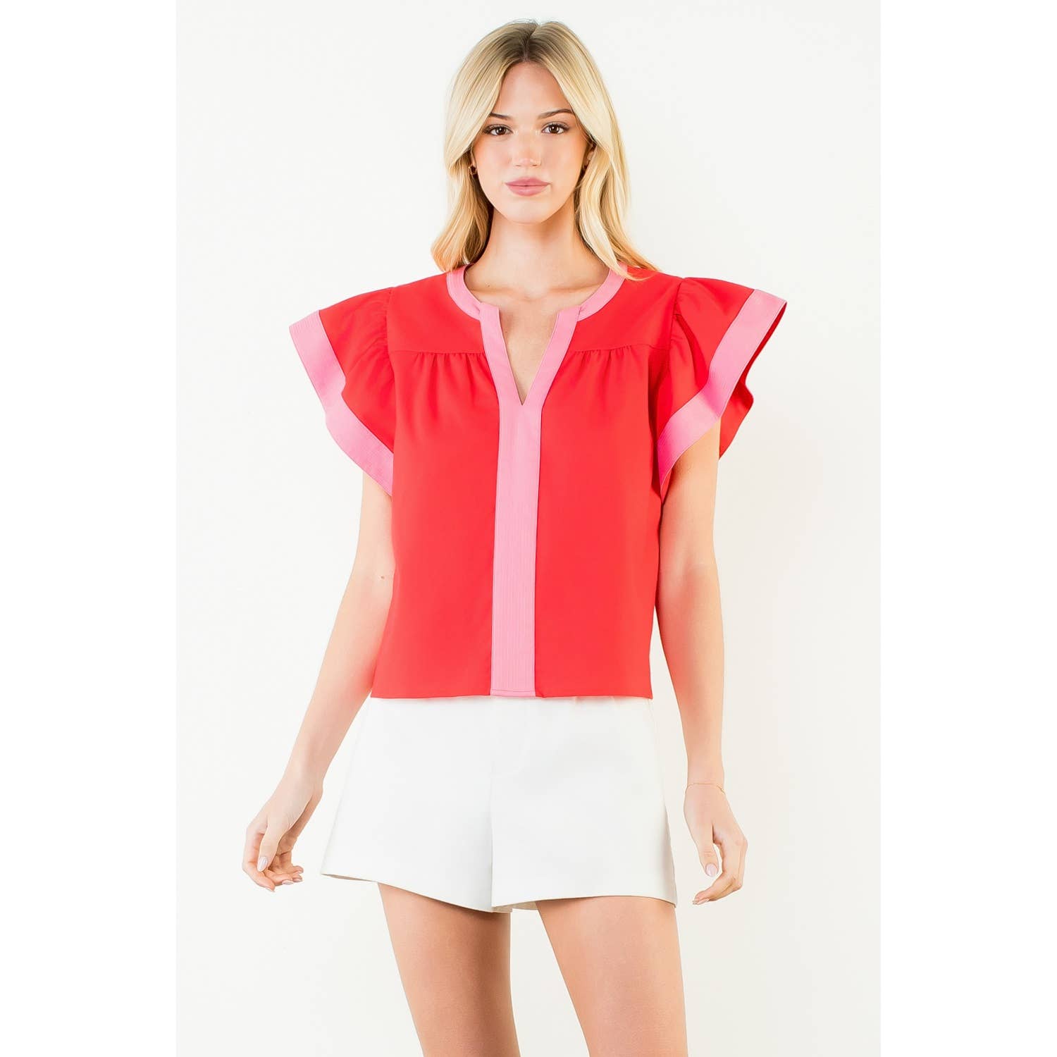 Rachel - Flutter Sleeve Contrast Trim V-Neck Top