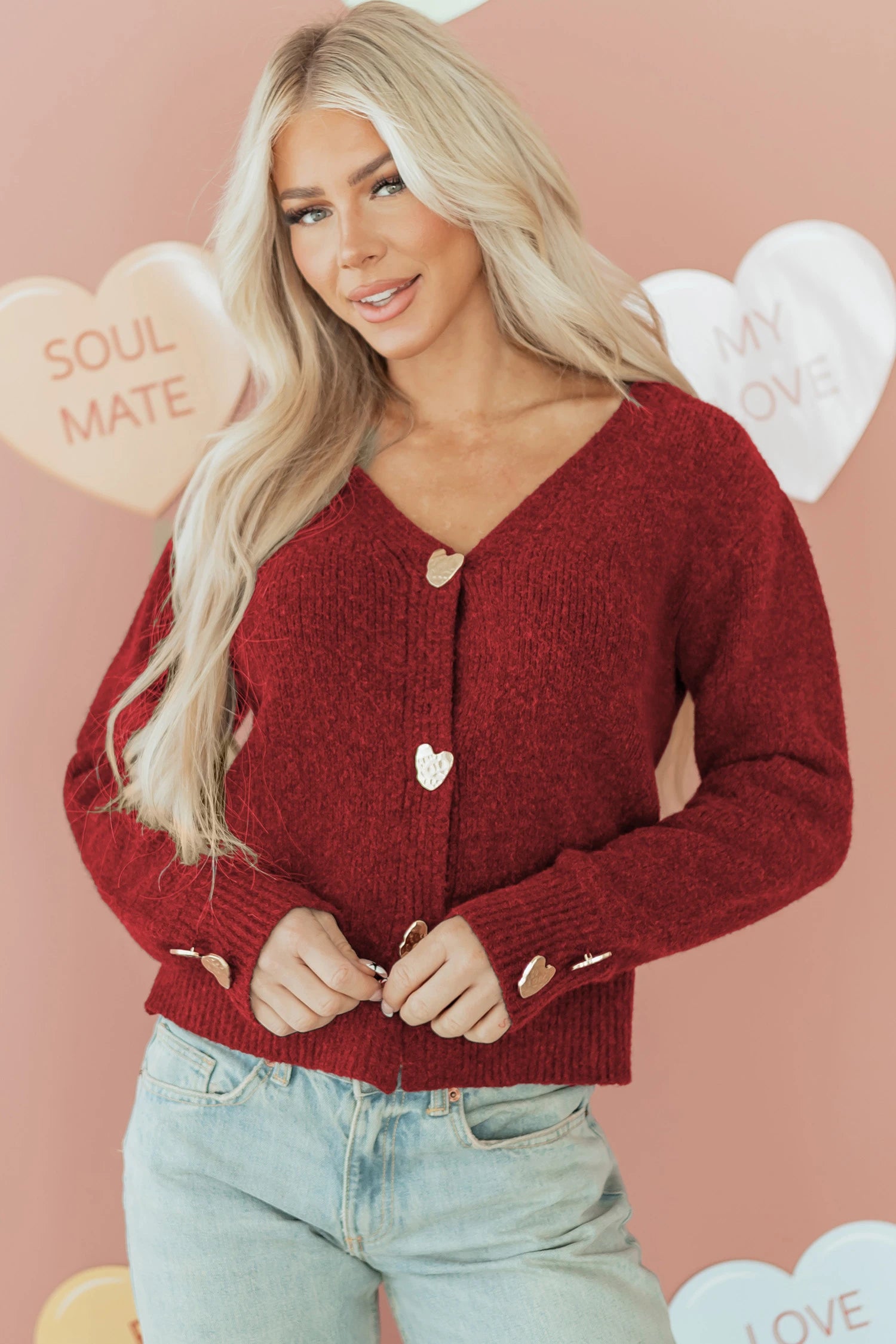 Margo - Red V-Neck Cardigan with Gold Heart Button