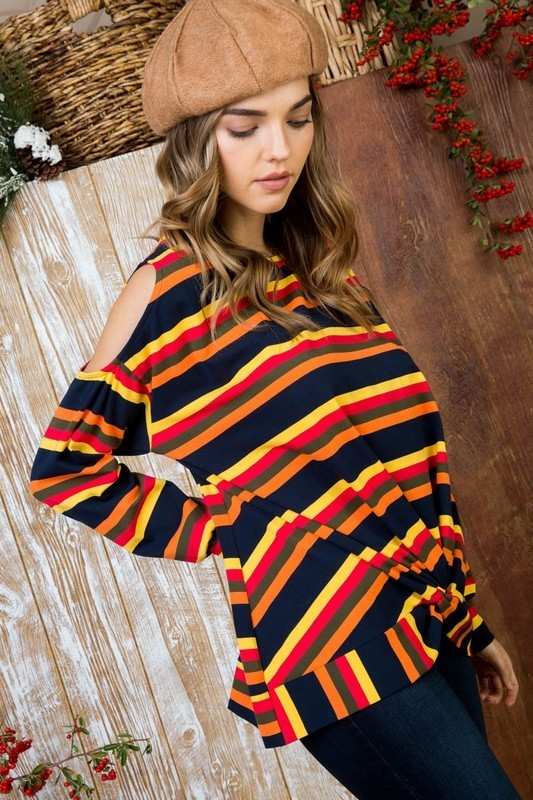 Sally - Multi Print Twist Front Cold Shoulder Knit Top