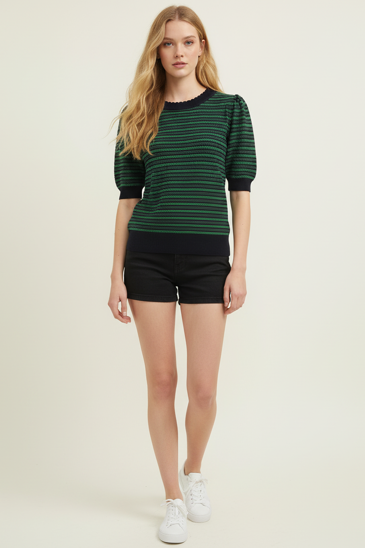 Luna - Contrast Scalloped Navy and Green Striped Knit Top