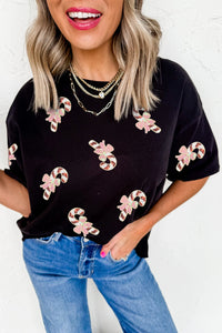 Black Candy Cane Sequin Tee – Holiday Bow Graphic T-Shirt, Women's Festive Christmas Short Sleeve Top