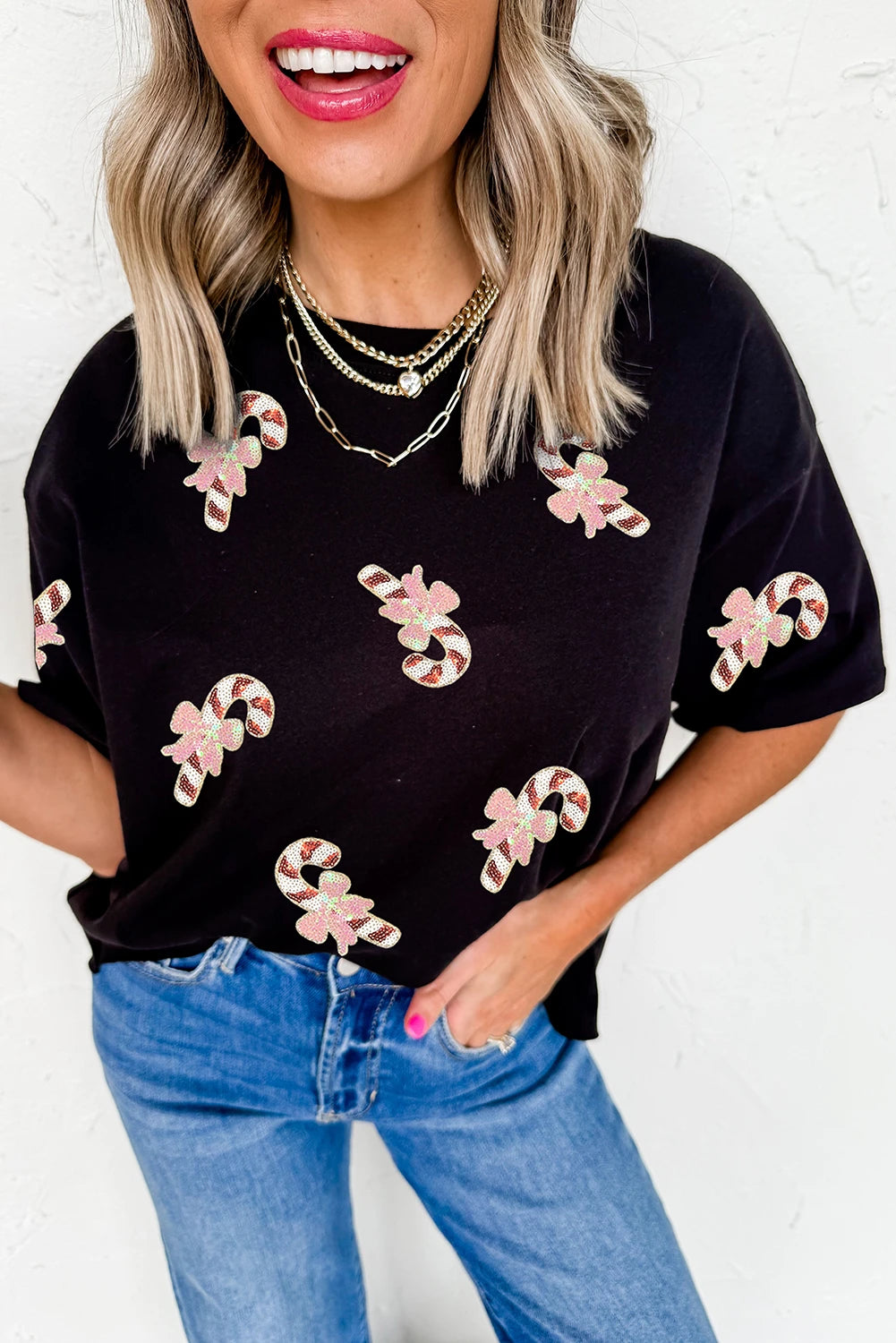 Black Candy Cane Sequin Tee – Holiday Bow Graphic T-Shirt, Women's Festive Christmas Short Sleeve Top