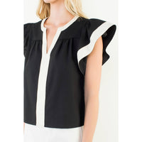 Rachel - Flutter Sleeve Contrast Trim V-Neck Top