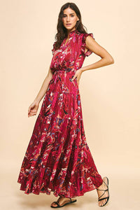 Deep Pink Satin Print Maxi Dress