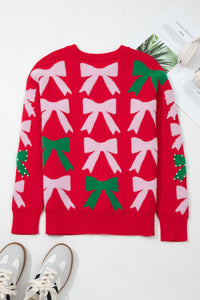 Fiery Red Christmas Sweater – Fuzzy Bow Pearl Embellished Holiday Sweater, Women's Festive Knit Top