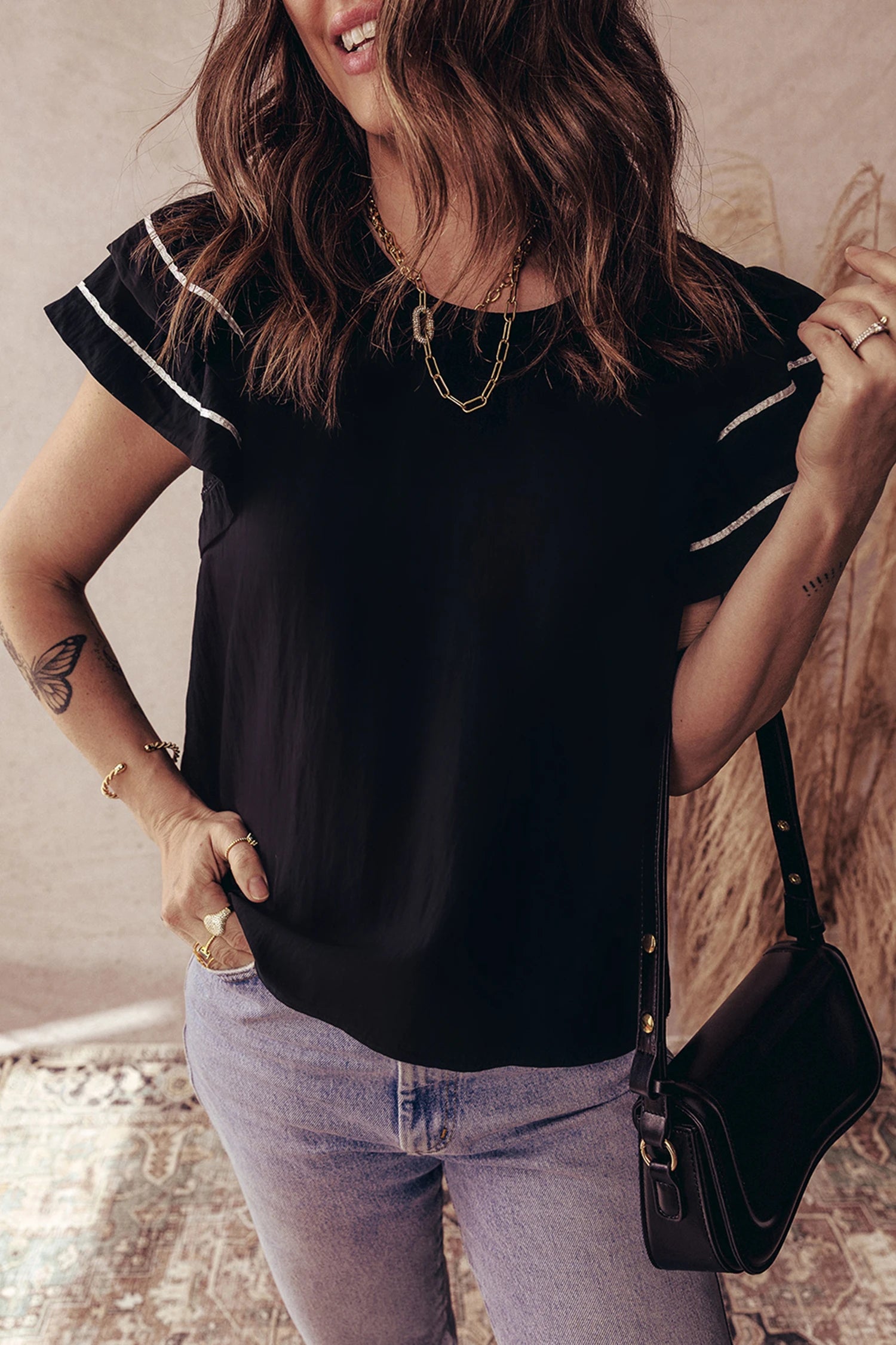 Daniela -Black Contrast Trim Dual Ruffle Short Sleeve Textured Blouse