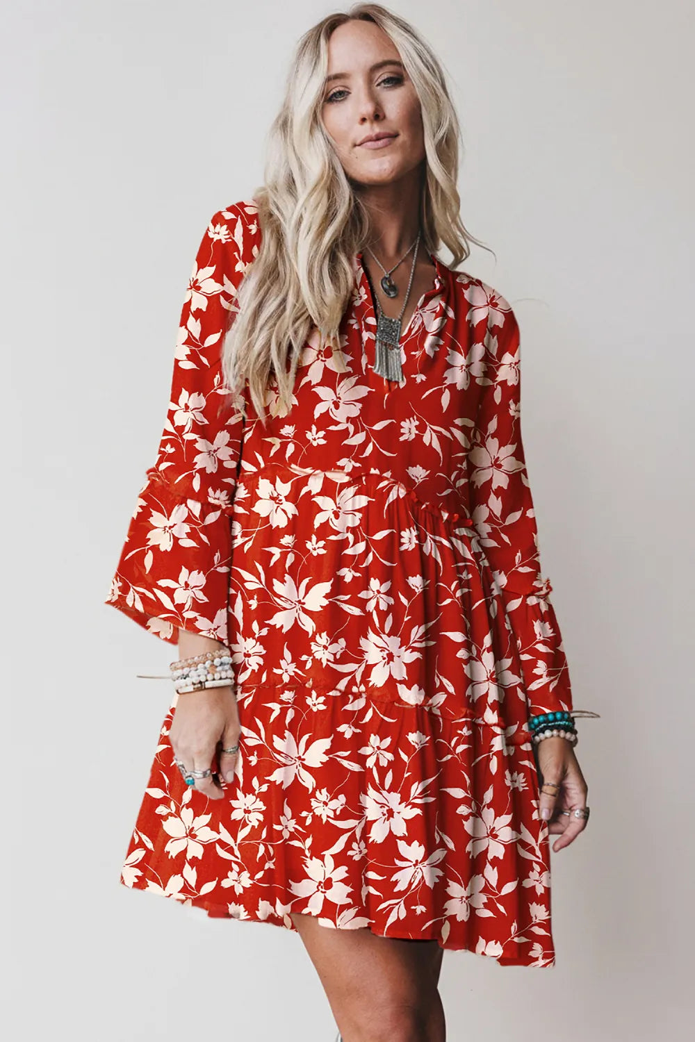 Kristen - Red Boho Floral Mini Dress