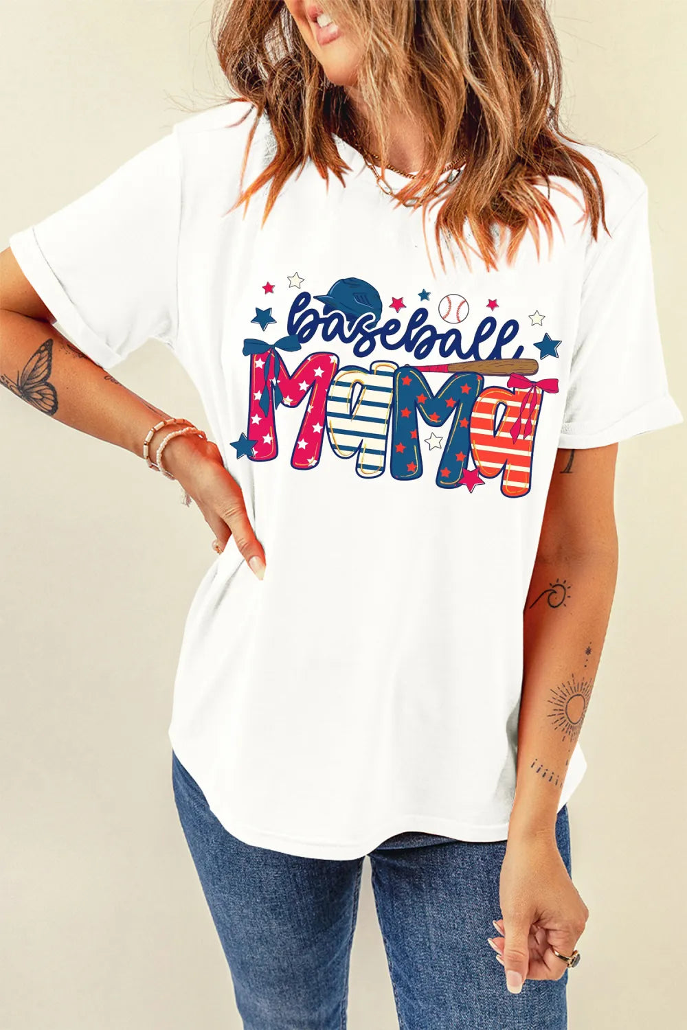 Delia- White Baseball Mama Patriotic Game Day Tee