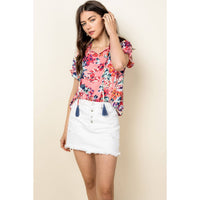 Myra-Flower Print Short Sleeve Blouse