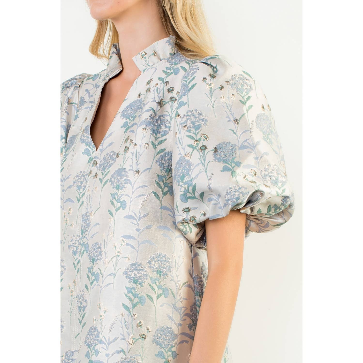 Nina - Puff Sleeve Floral Detail V-Neck Mini Dress