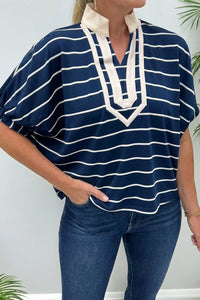 Melissa -Blue Stripe Stand Collar V Neck Cuffs Half Sleeve Dolman Top