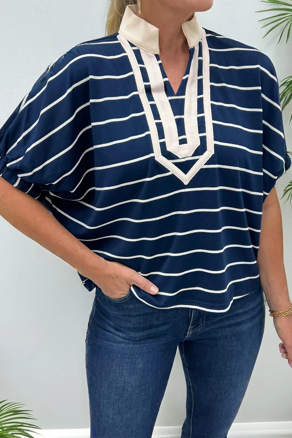 Melissa -Blue Stripe Stand Collar V Neck Cuffs Half Sleeve Dolman Top
