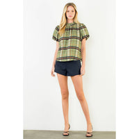 Maddie - Ruffled Neck Plaid Top