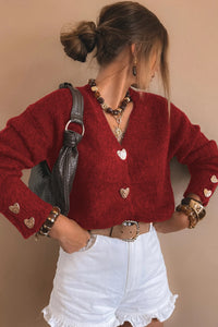 Margo - Red V-Neck Cardigan with Gold Heart Button