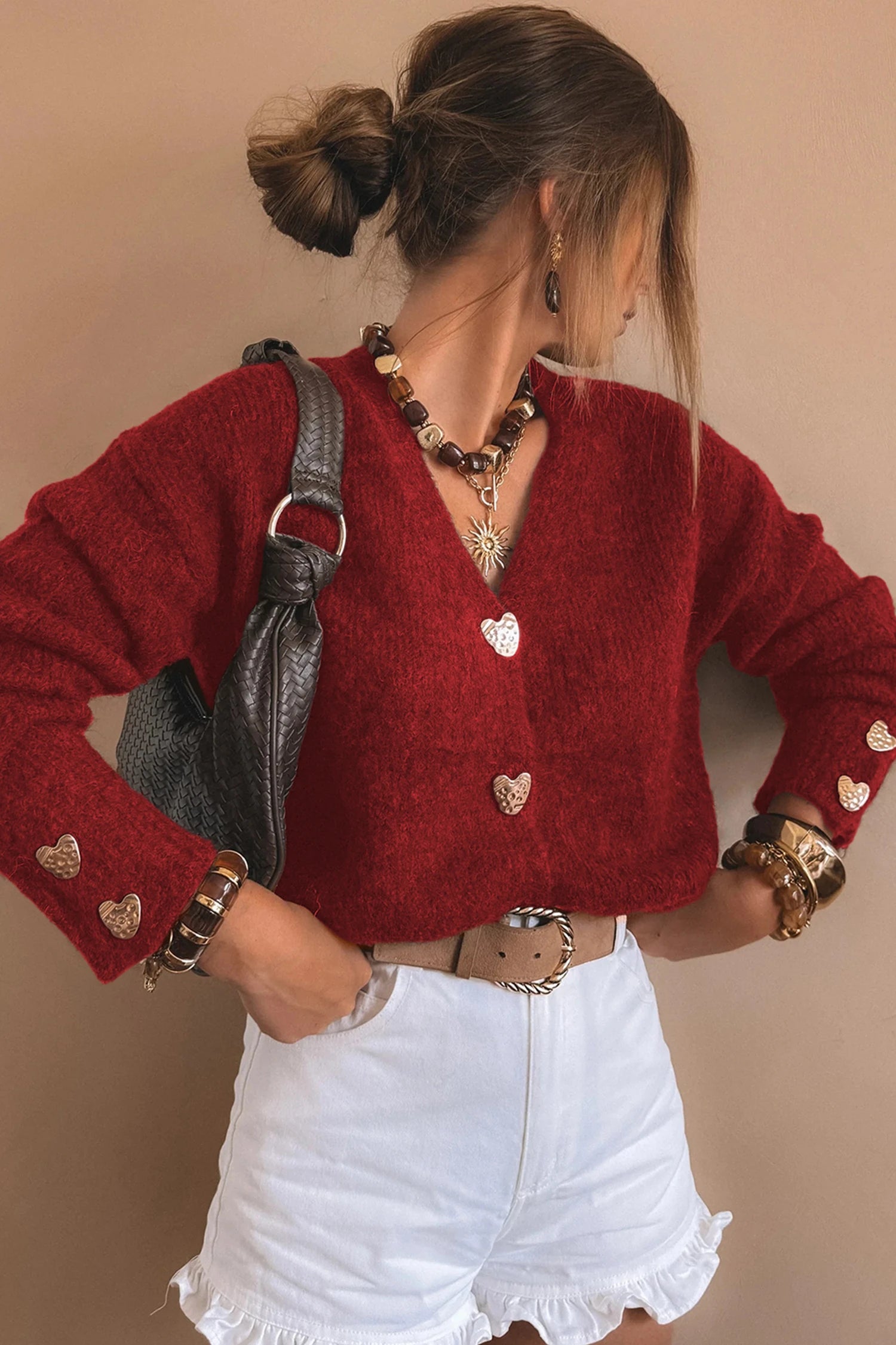 Margo - Red V-Neck Cardigan with Gold Heart Button