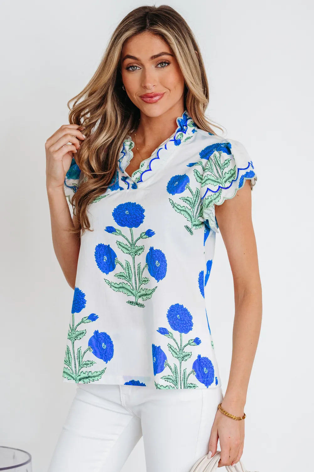 Marissa - Blue Wild Flower Print Short Sleeve Blouse