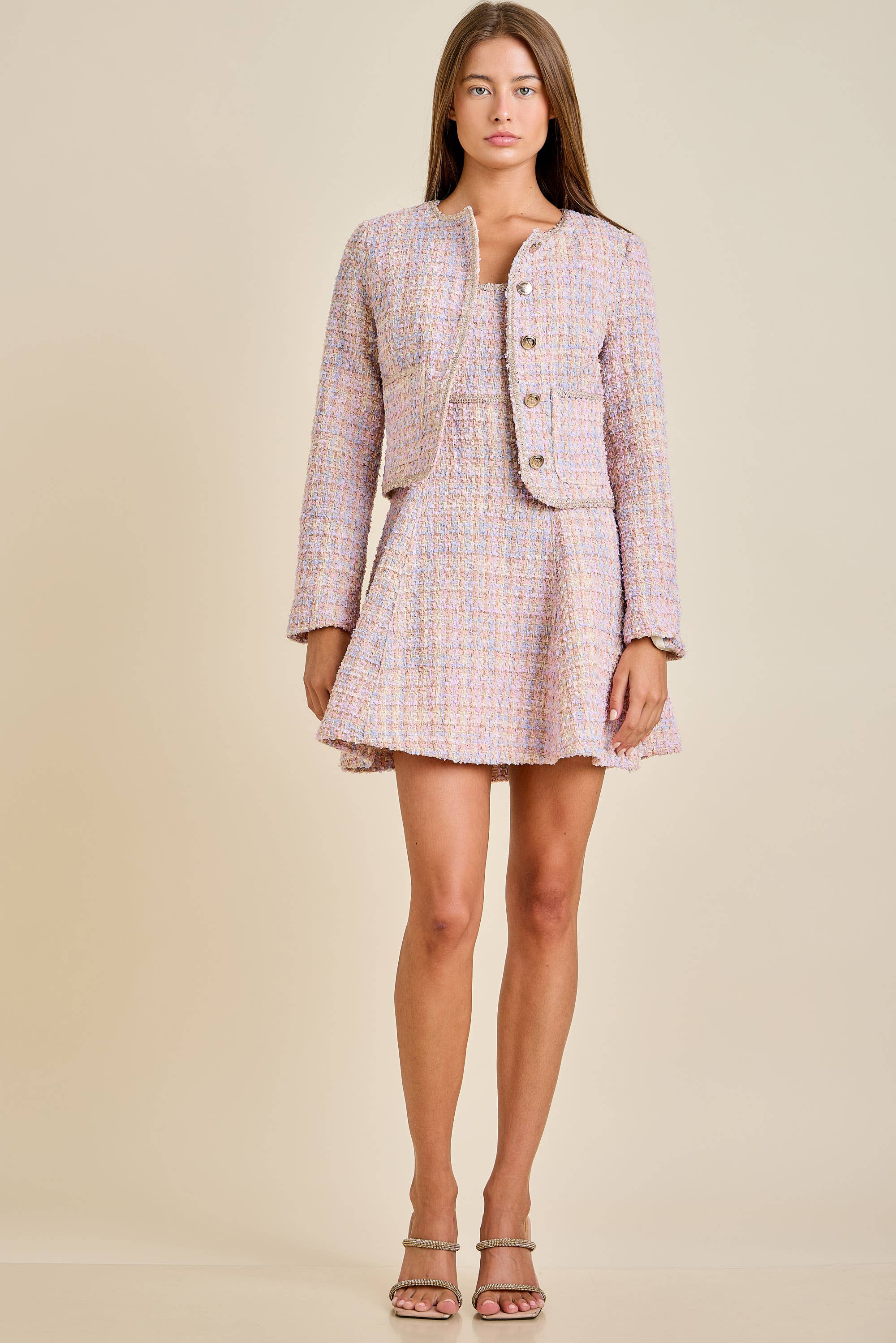 Sloane - Pastel Sequin Braid Detailed Round Neck Tweed Jacket & Mini Dress Set