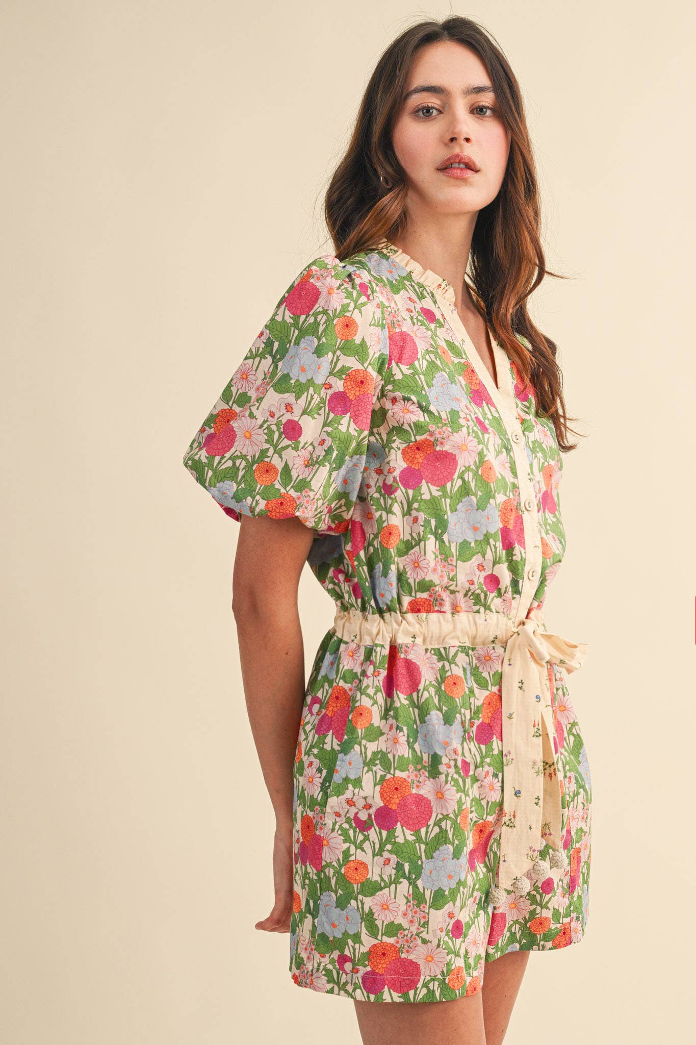 Brianna - Bubble Sleeve Floral Print Romper
