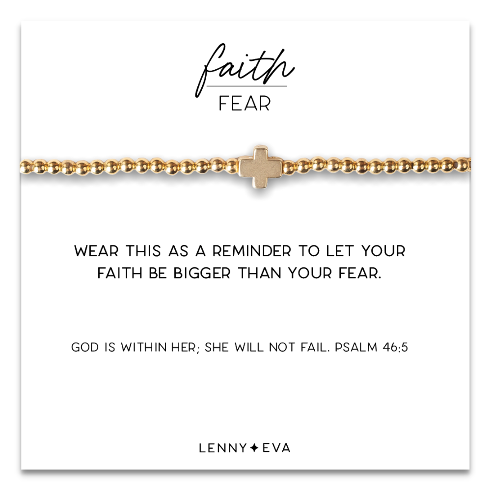 Faith Over Fear Cross Bracelet, 4mm -Gold Beaded