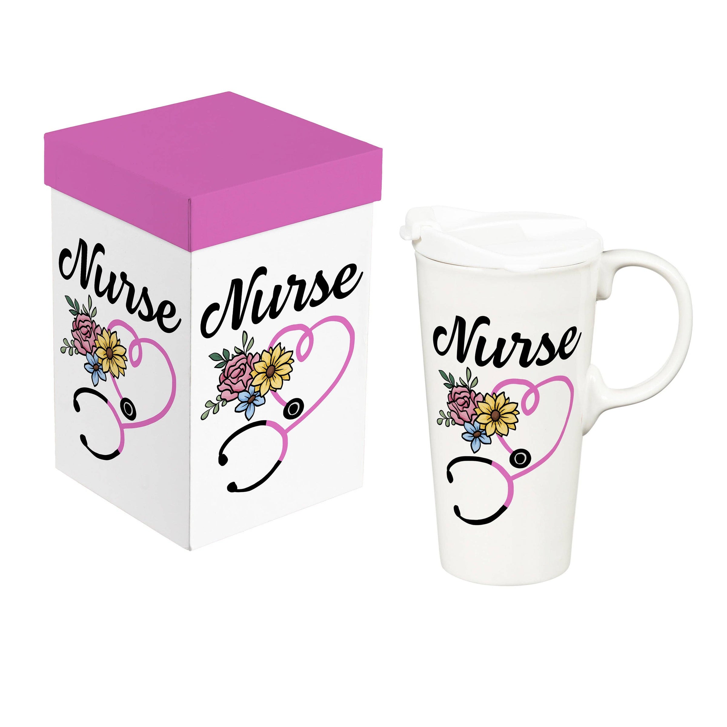Nurse travel mug with lid, 17 oz white ceramic cup with pink floral stethoscope design, shown with its magenta gift box