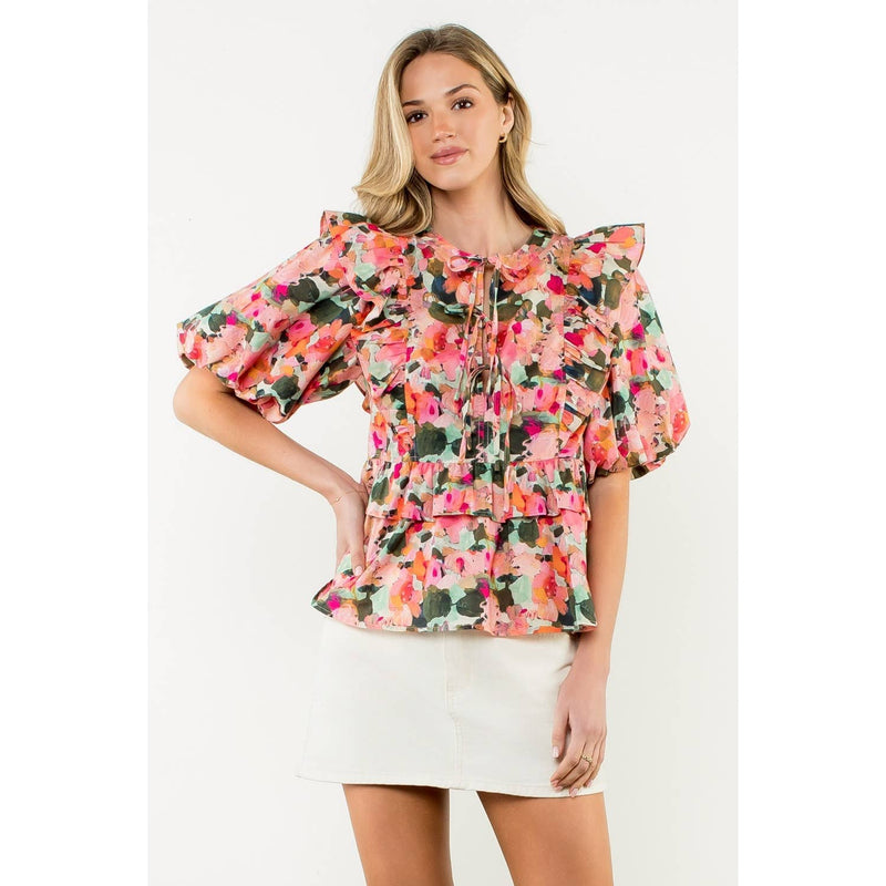 Kinsley- Ruffle Tie Neck Puff Sleeve Floral Top