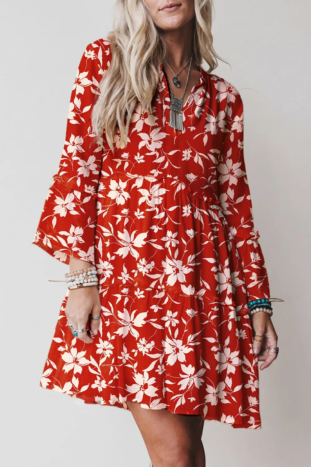Kristen - Red Boho Floral Mini Dress